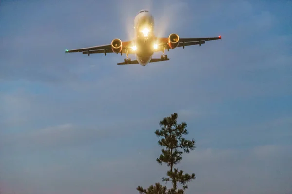 Vliegtuig landt op Ronald Reagan Washington National Airport Gravelly punt bij nacht. — Stockfoto