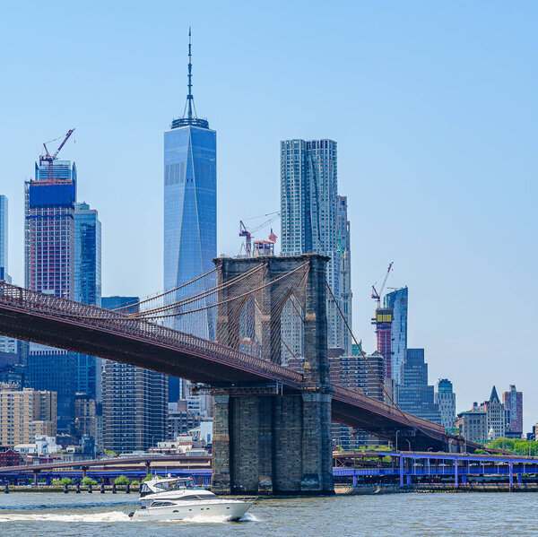 Brooklyn Bridge with lower Manhattan skyline, One World Trade Center in New York City
