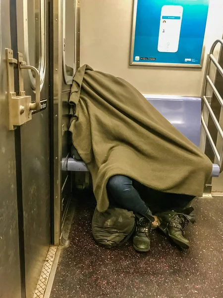 Manhattan February 2018 Homeless Person Sleeps Subway Car — Stock Photo, Image