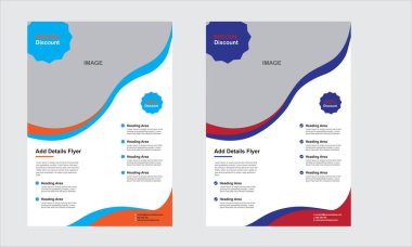 Mavi ve turuncu dalgalı tasarım elementleri ve bir resim için büyük bir yer tutucu içeren temiz ve modern bir broşür..
