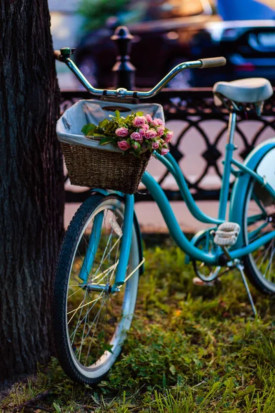 Manojo Rosas Mañana Cesta Bicicleta Para Una Muy Buena Mañana —  Fotos de Stock