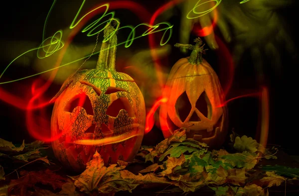 Calabazas Luminosas Oscuridad Para Las Vacaciones Halloween Otoño Jack Sonríe — Foto de Stock