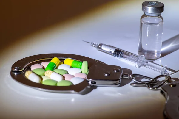 Colorful pills are scattered inside an open handcuff next to a syringe and a clear drug vial, conveying themes of addiction and dependence