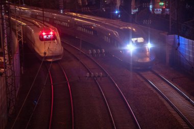 İki yüksek hızlı tren, gece rayların üzerinde birbirlerinin yanından geçerken hareket ve parlak ışıklar görüyorlar..