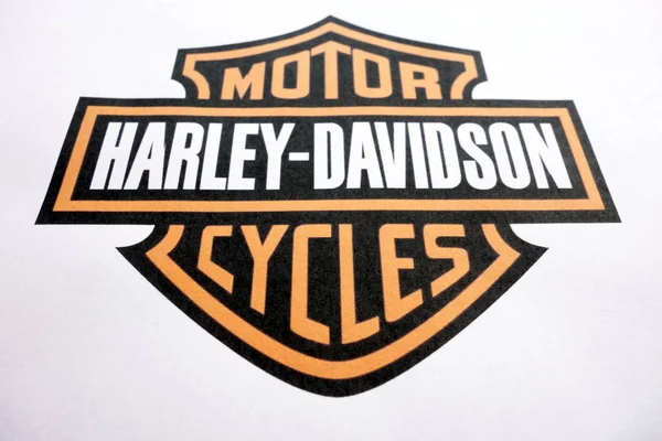 stock image KONSKIE, POLAND - MAY 06, 2018: Harley Davidson motorcycles logo on a paper sheet