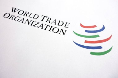 Konskie, Polonya - 06 Mayıs 2018: Dünya Ticaret Örgütü logosu bir kağıt sayfası