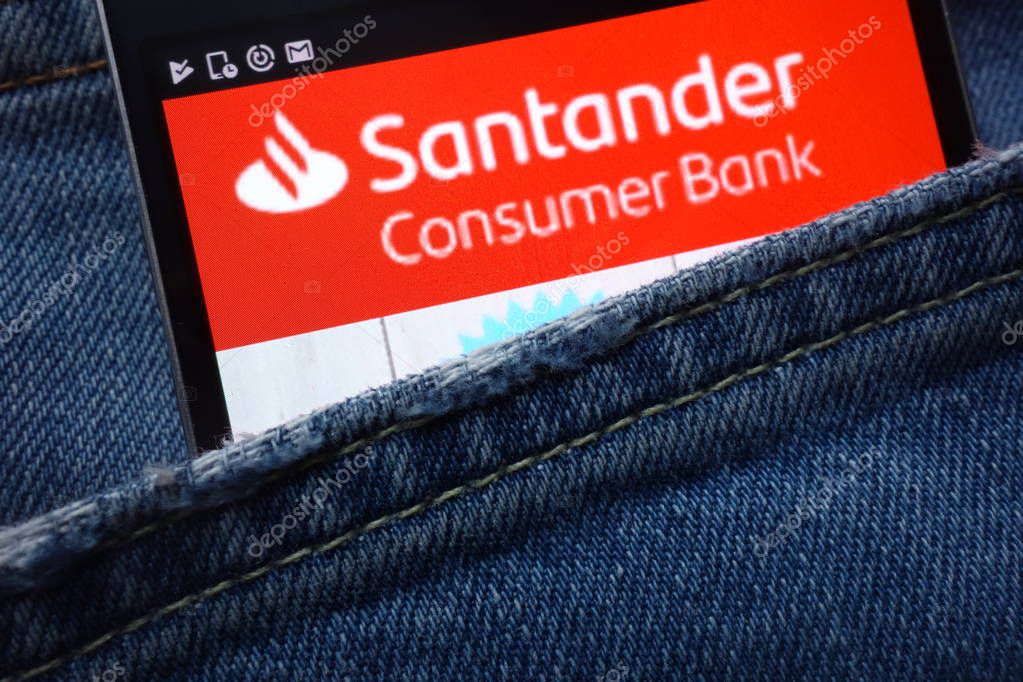 KONSKIE, POLAND - MAY 18, 2018: Santander Consumer Bank website displayed on smartphone hidden in jeans pocket