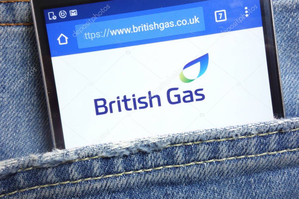 KONSKIE, POLAND - MAY 18, 2018: British Gas website displayed on smartphone hidden in jeans pocket