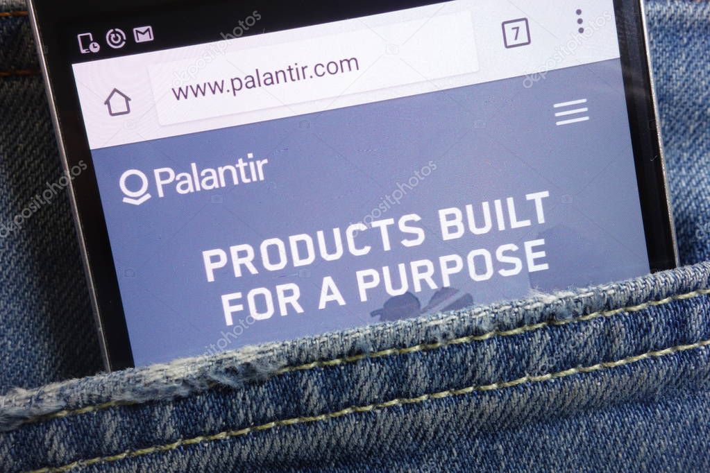 KONSKIE, POLAND - MAY 18, 2018: Palantir Technologies website displayed on smartphone hidden in jeans pocket