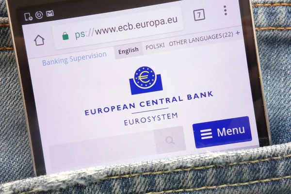 Konskie Poland May 2018 European Central Bank Website Displayed Smartphone — Stock Photo, Image