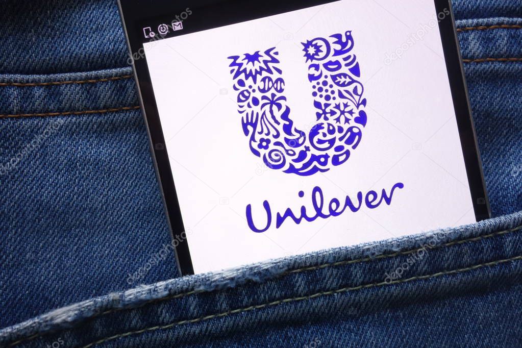 KONSKIE, POLAND - MAY 19, 2018: Unilever website displayed on smartphone hidden in jeans pocket