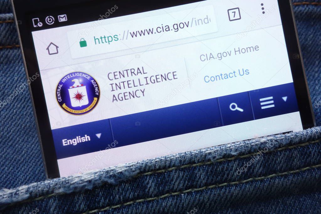 KONSKIE, POLAND - MAY 19, 2018: CIA (Central Intelligence Agency) website displayed on smartphone hidden in jeans pocket