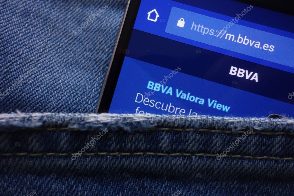 KONSKIE, POLAND - MAY 19, 2018: BBVA (Banco Bilbao Vizcaya Argentaria) website displayed on smartphone hidden in jeans pocket