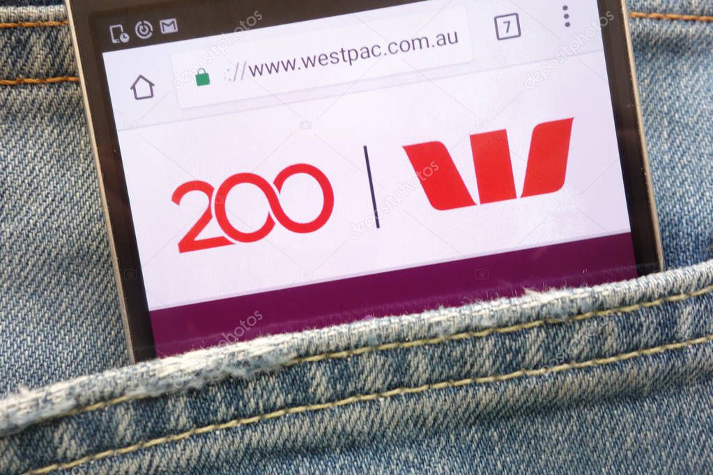 KONSKIE, POLAND - MAY 19, 2018: Westpac website displayed on smartphone hidden in jeans pocket