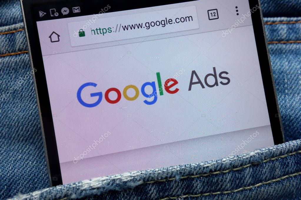 KONSKIE, POLAND - JUNE 01, 2018: Google Ads website displayed on smartphone hidden in jeans pocket