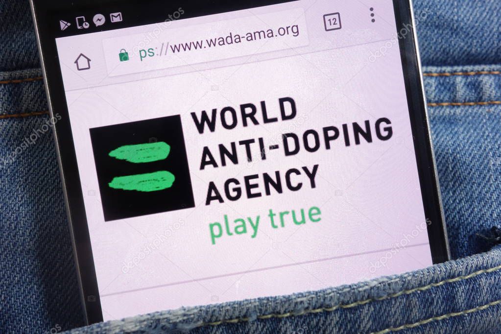 KONSKIE, POLAND - JUNE 01, 2018: WADA (World Anti-doping Agency) website displayed on smartphone hidden in jeans pocket
