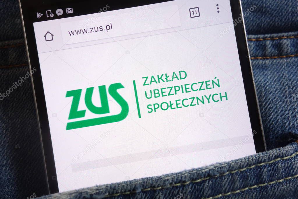 KONSKIE, POLAND - JUNE 01, 2018: ZUS (Polish social security) website displayed on smartphone hidden in jeans pocket