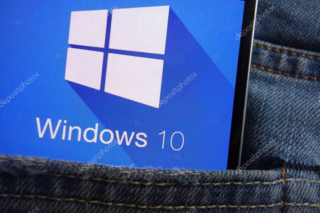 KONSKIE, POLAND - JUNE 01, 2018: Windows 10 logo displayed on smartphone hidden in jeans pocket