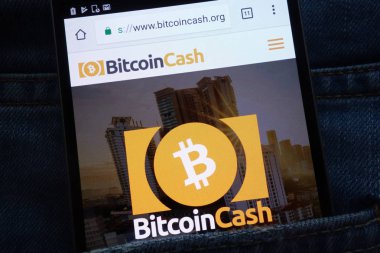 Konskie, Polonya - 02 Haziran 2018: kot pantolon cebinde gizli smartphone üzerinde görüntülenen Bitcoin nakit cryptocurrency Web sitesi