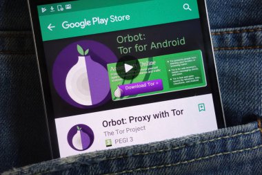Konskie, Polonya - 02 Haziran 2018: Orbot: Proxy Tor app kot pantolon cebinde gizli smartphone üzerinde görüntülenen Google oyun mağaza web sitesinde ile