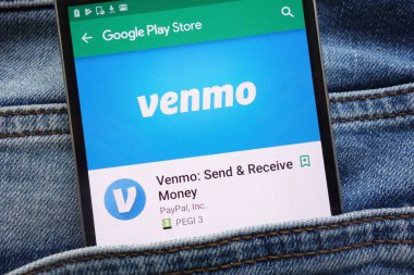 Konskie, Polonya - 09 Haziran 2018: Venmo app kot pantolon cebinde gizli smartphone üzerinde görüntülenen Google oyun mağaza web sitesinde
