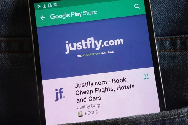Konskie Polen Juni 2018 Justfly App Auf Google Play Store — Stockfoto