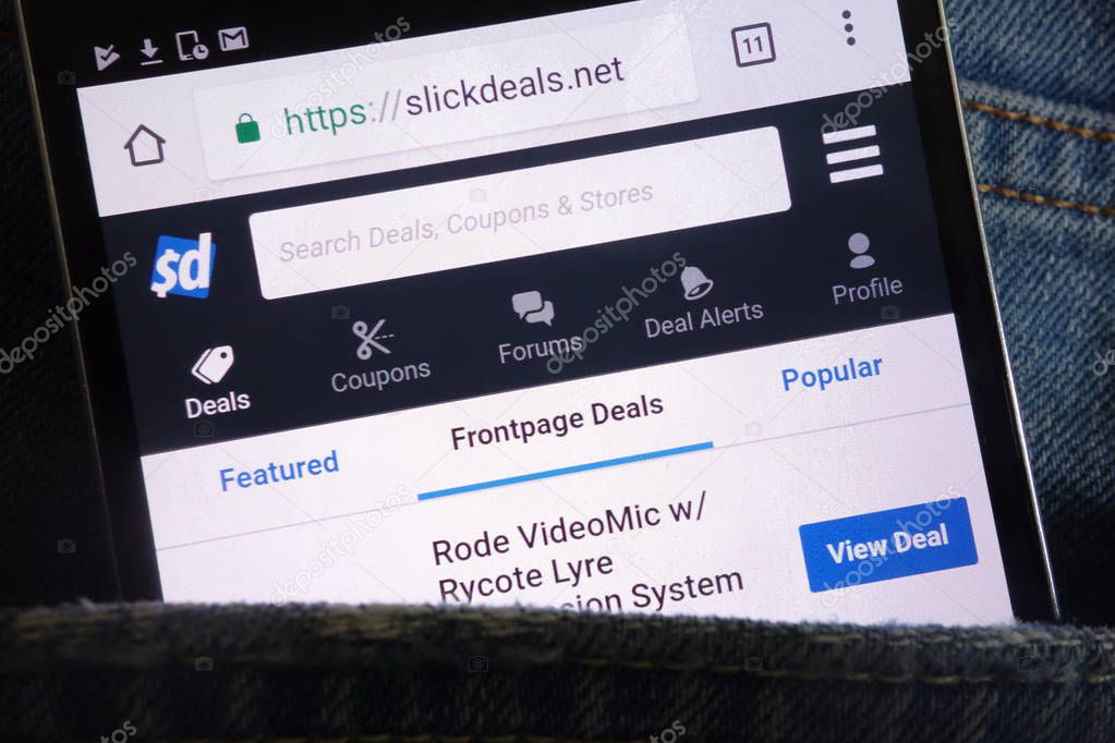 KONSKIE, POLAND - JUNE 02, 2018: Slickdeals website displayed on smartphone hidden in jeans pocket