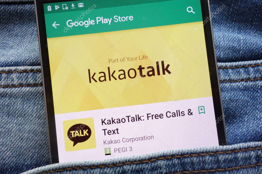 KONSKIE, POLAND - JUNE 09, 2018: KakaoTalk app on Google Play Store website displayed on smartphone hidden in jeans pocket