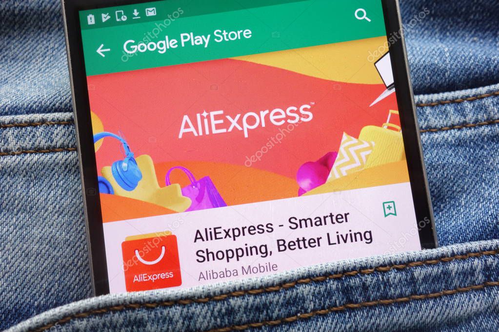 KONSKIE, POLAND - JUNE 09, 2018: AliExpress app on Google Play Store website displayed on smartphone hidden in jeans pocket