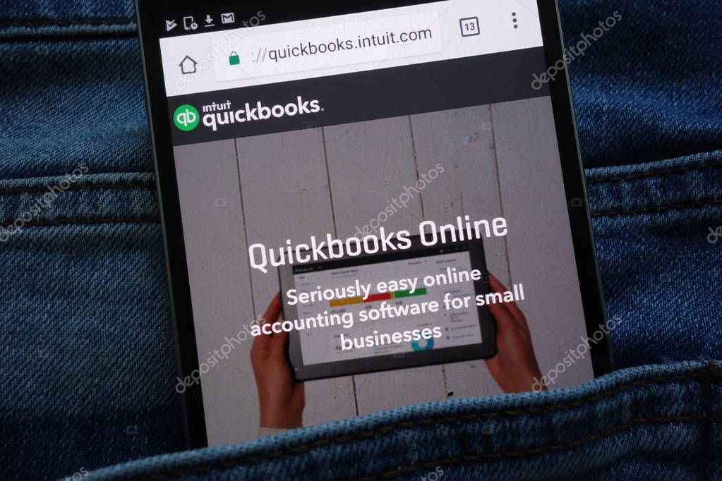 KONSKIE, POLAND - JUNE 11, 2018: Intuit Quickbooks website  displayed on smartphone hidden in jeans pocket