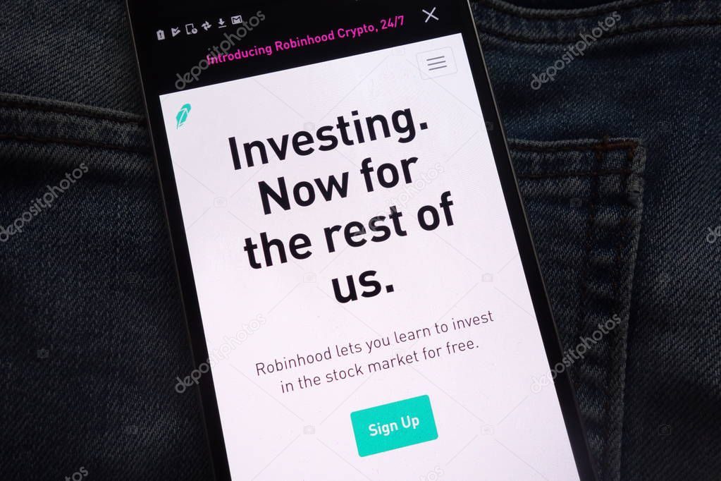 KONSKIE, POLAND - JUNE 12, 2018: Robinhood cryptocurrency exchange website displayed on smartphone hidden in jeans pocket