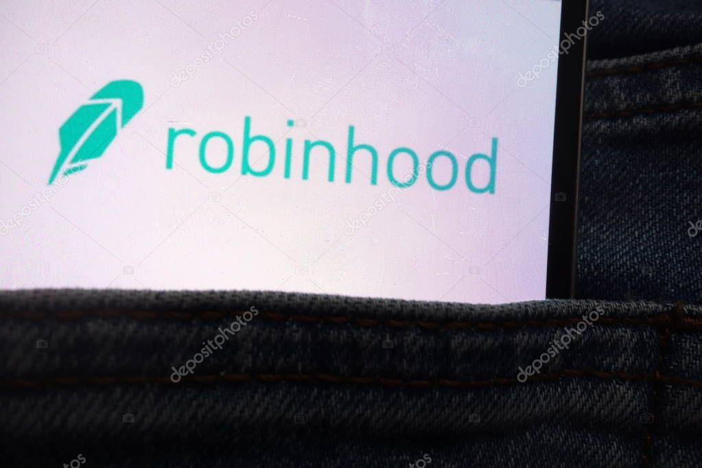 KONSKIE, POLAND - JUNE 12, 2018: Robinhood logo displayed on smartphone hidden in jeans pocket