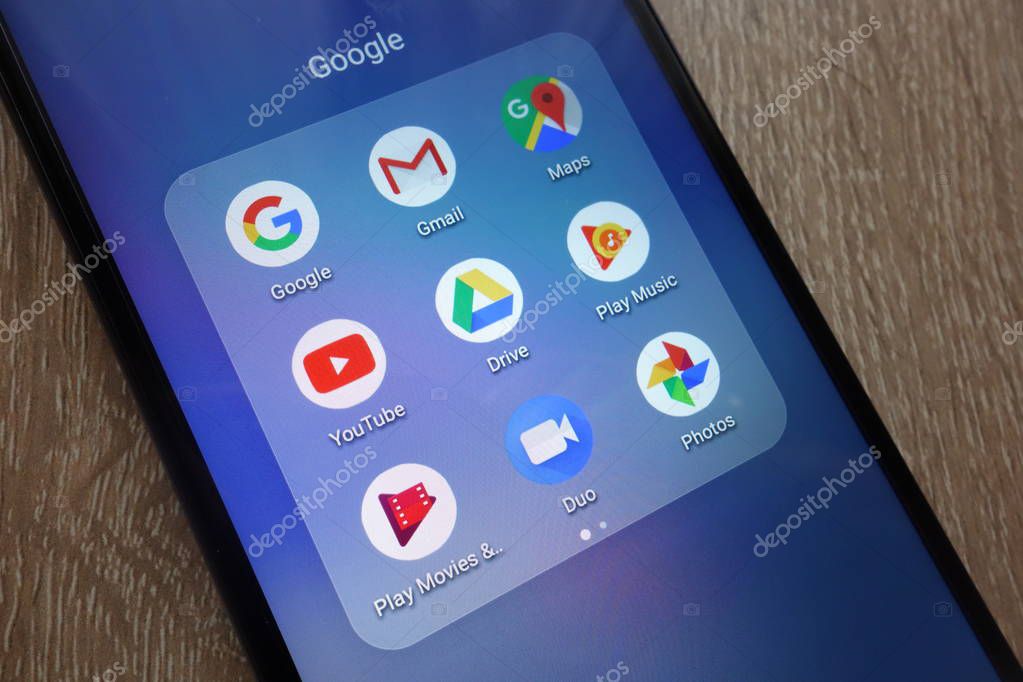 KONSKIE, POLAND - JUNE 17, 2018: Google apps including Gmail, Maps, Youtube, Duo, Play Music on a new modern smartphone