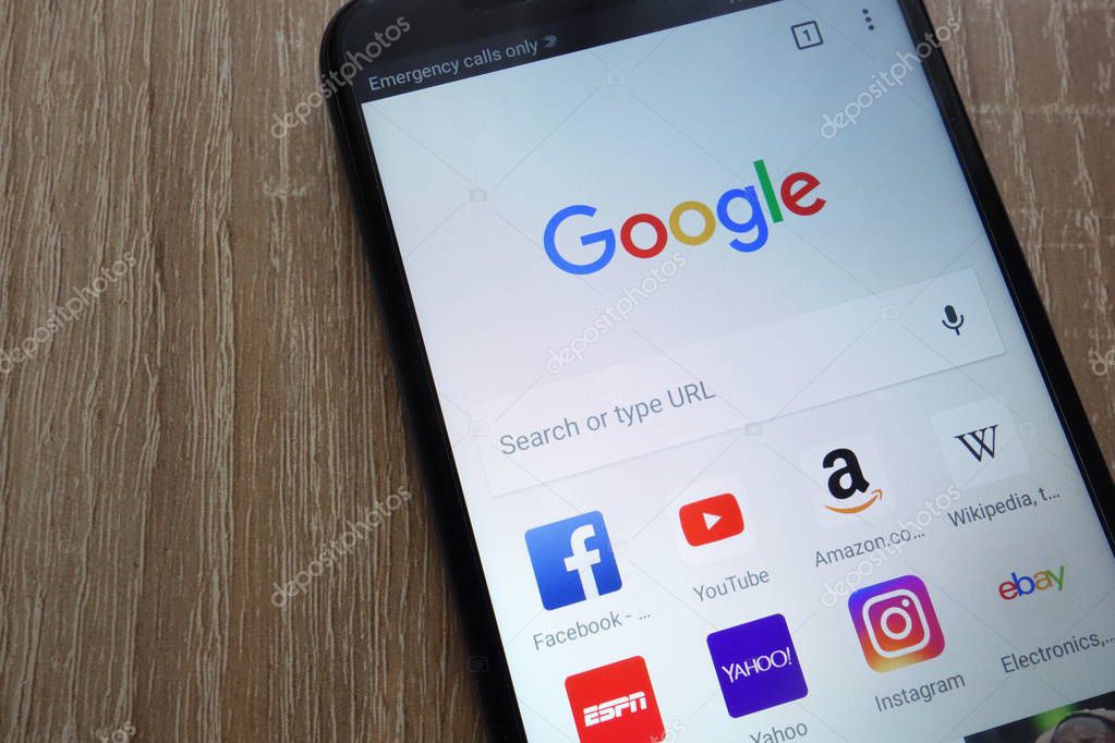 KONSKIE, POLAND - JUNE 17, 2018: Google browser with social media icons including Facebook, Youtube, Yahoo, Amazon, ESPN, Wikipedia and Ebay displayed on a modern smartphone
