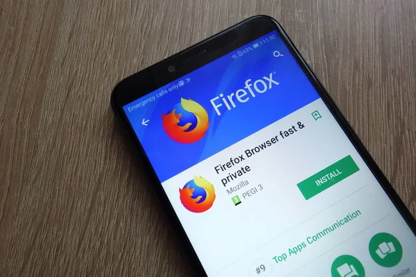 Konskie, Polonya - 17 Haziran 2018: Mozilla Firefox tarayıcısı app üzerinde modern bir akıllı telefon görüntülenen Google oyun mağaza web sitesinde