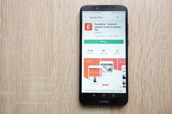 Konskie, Polonya - 24 Haziran 2018: Eventbrite - popüler olaylar keşfetmek ve eğlenceli yakın app Huawei Y6 2018 smartphone üzerinde görüntülenen Google oyun mağaza web sitesinde