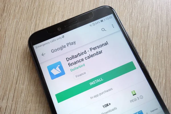 Konskie, Polonya - 24 Haziran 2018: Dollarbird - Huawei Y6 2018 smartphone üzerinde görüntülenen Google oyun mağaza web sitesi üzerinde kişisel finans Takvim uygulaması