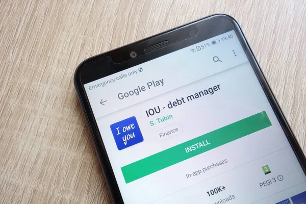 Konskie, Polonya - 24 Haziran 2018: Borç senedi - borç müdür app Huawei Y6 2018 smartphone üzerinde görüntülenen Google oyun mağaza web sitesinde