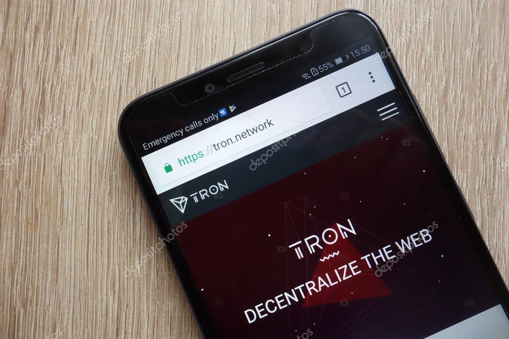 KONSKIE, POLAND - JULY 08, 2018: TRON (TRX) cryptocurrency website displayed on Huawei Y6 2018 smartphone