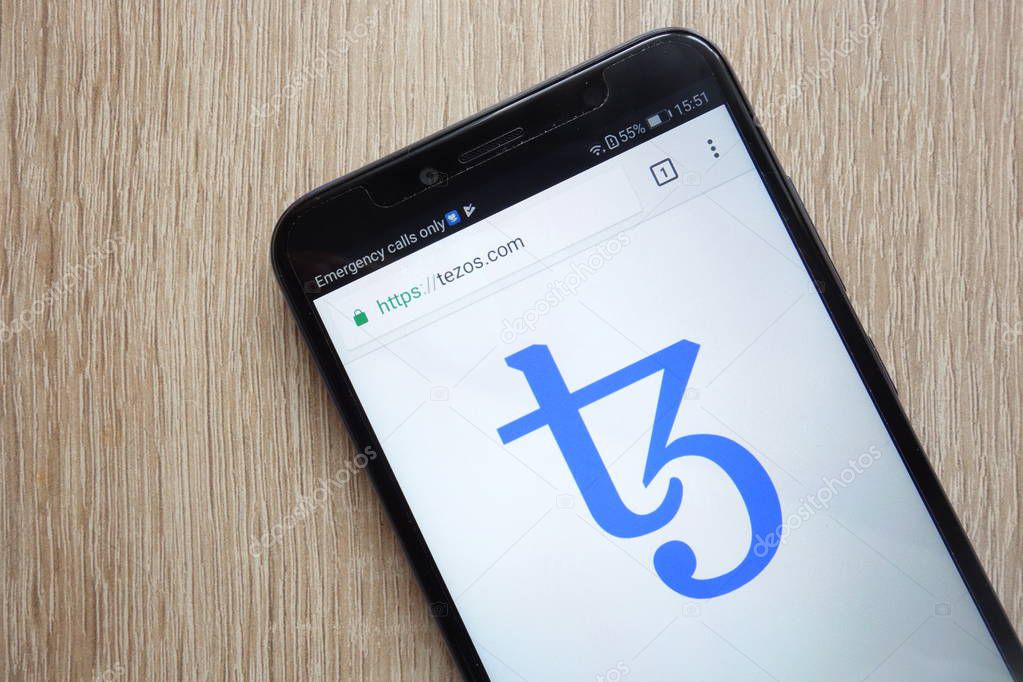 KONSKIE, POLAND - JULY 08, 2018: Tezos (XTZ) cryptocurrency website displayed on Huawei Y6 2018 smartphone