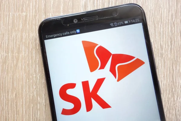 Konskie Poland August 2018 Holdings Logo Displayed Modern Smartphone — Stock Photo, Image