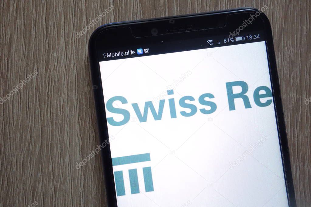 KONSKIE, POLAND - AUGUST 11, 2018: Swiss Re logo displayed on a modern smartphone
