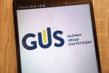 Konskie, Polonya - 01 Eylül 2018: Gus (Lehçe: Joseph Urzad Statystyczny) modern bir akıllı telefon üzerinde görüntülenen logosu