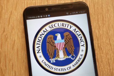 KONSKIE, POLAND - SEPTEMBER 01, 2018: US National Security Agency logo displayed on a modern smartphone clipart
