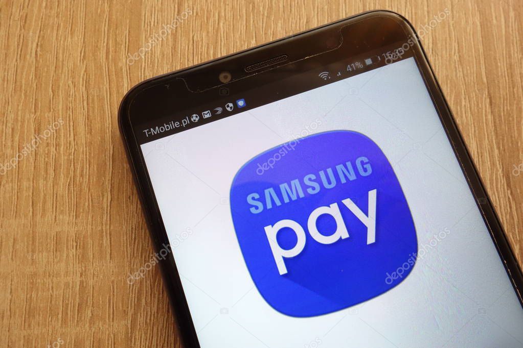 KONSKIE, POLAND - SEPTEMBER 01, 2018: Samsung Pay logo displayed on a modern smartphone