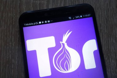 Konskie, Polonya - 01 Eylül 2018: modern bir akıllı telefon üzerinde görüntülenen Tor logosu