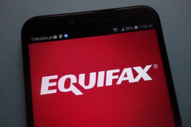 KONSKIE, POLAND - SEPTEMBER 08, 2018: Equifax logo on a smartphone clipart