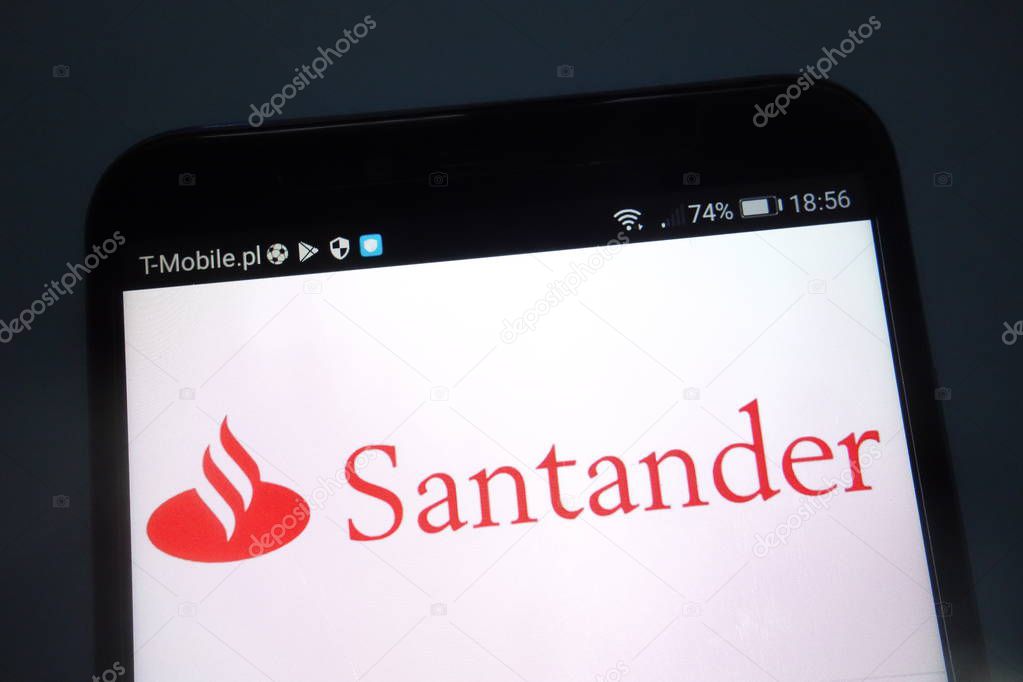 KONSKIE, POLAND - SEPTEMBER 15, 2018: Santander logo on smartphone