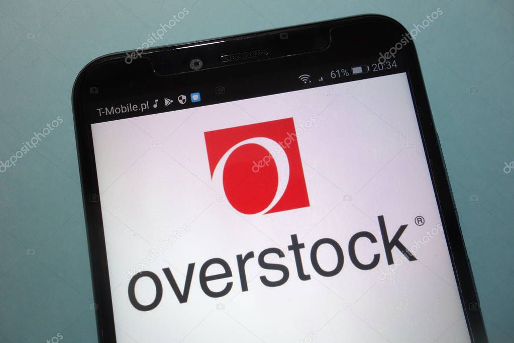 KONSKIE, POLAND - SEPTEMBER 15, 2018: Overstock logo on smartphone