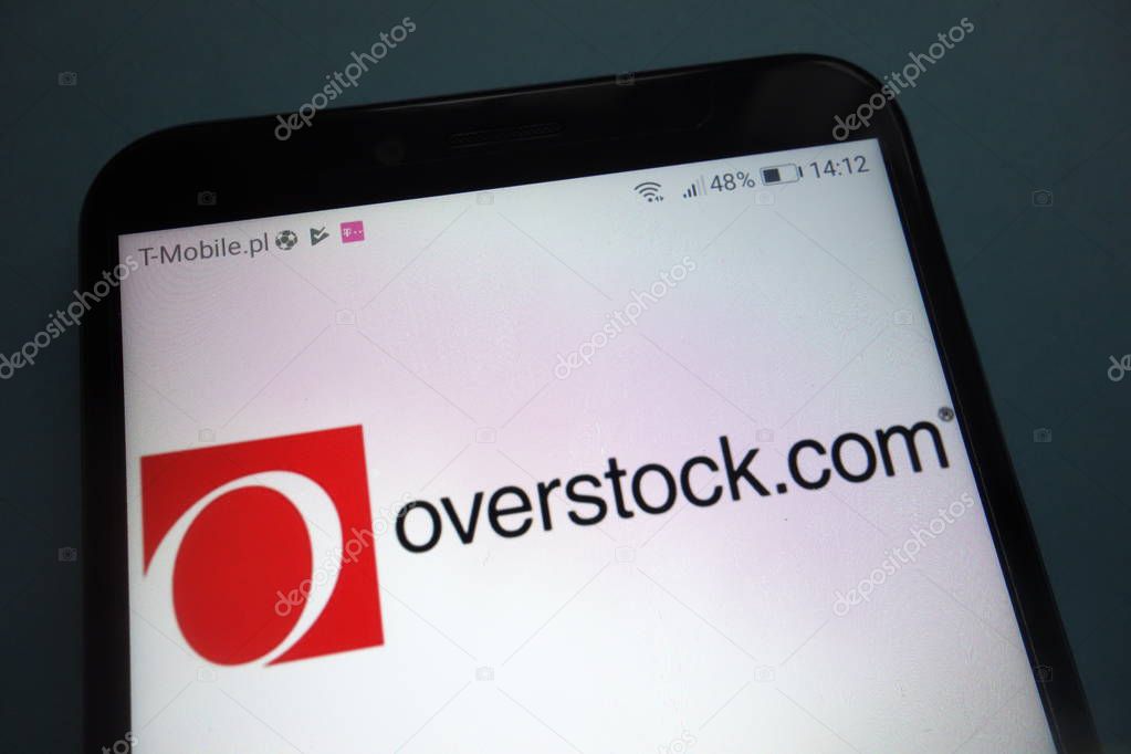 KONSKIE, POLAND - OCTOBER 28, 2018: Overstock logo on smartphone